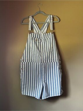 American Eagle Outfitters Blue & White Striped Short Overalls